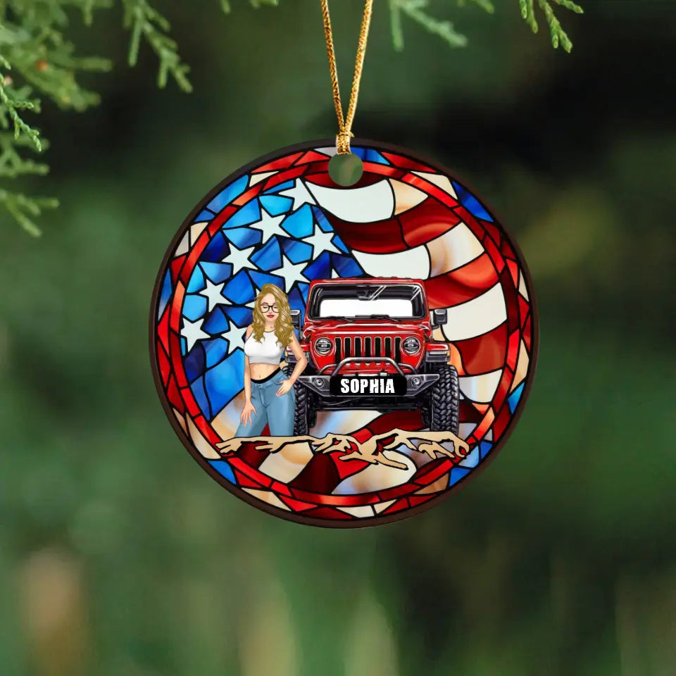 Personalized Jeep Girl US Flag Custom Name Acrylic Ornament Printed MTHN231158