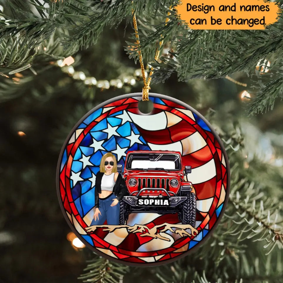 Personalized Jeep Girl US Flag Custom Name Acrylic Ornament Printed MTHN231158