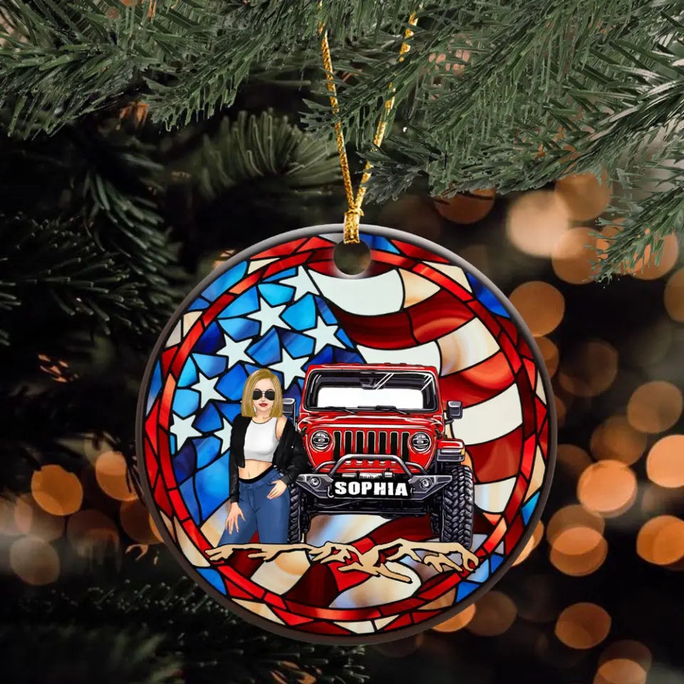 Personalized Jeep Girl US Flag Custom Name Acrylic Ornament Printed MTHN231158