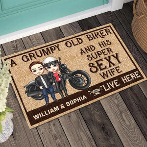 Personalized Couple Biker A Grumpy Old Biker And His Super Sexy Wife Live Here Doormat Printed KVH231161