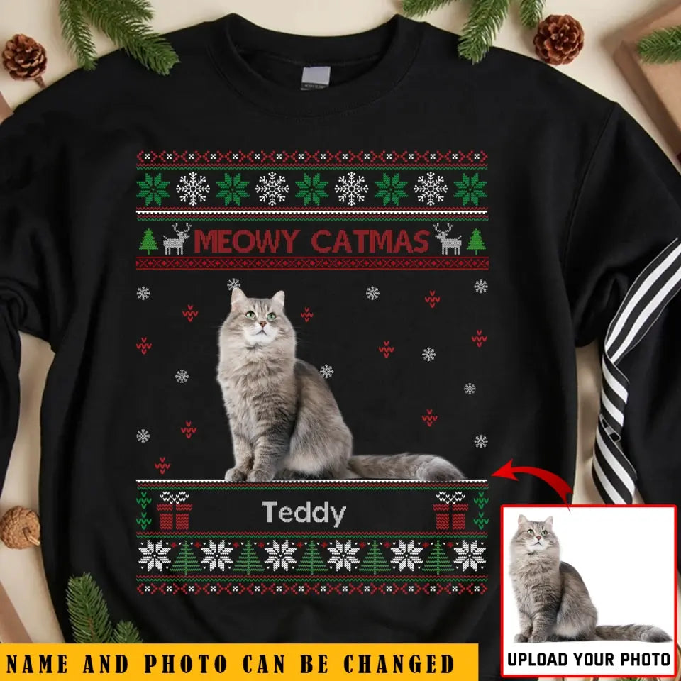 Personalized Upload Your Cat Photo Meowy Catmas Christmas Gift Sweatshirt Printed QTKH1200