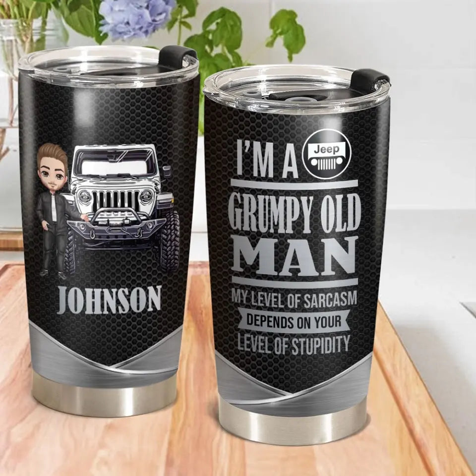 Personalized I'm A Grumpy Old Man My Level Of Sarcasm Depends On Your Level Of Stupidity Jeep Lovers Gift Tumbler Printed HN231282