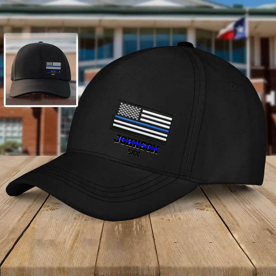 Personalized USA Thin Blue Line Flag Custom Name Black Cap QTHN1281