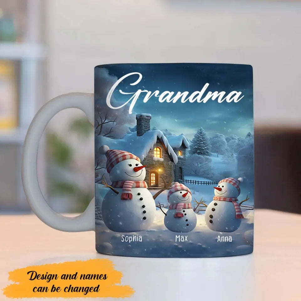 Personalized Grandma Snowman & Kid Names White Mug Printed MTHN231296