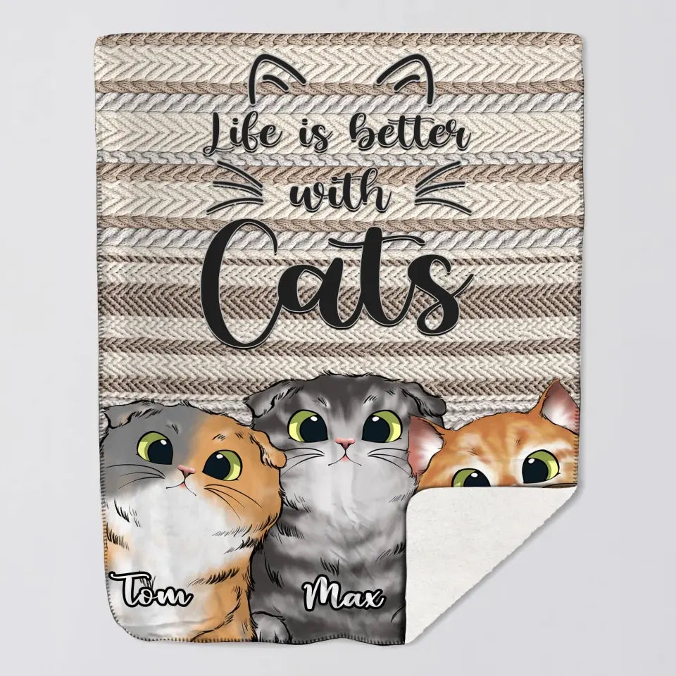 Personalized Life Is Better With Cats Knitting Sherpa or Fleece Blanket Printed VQ231315
