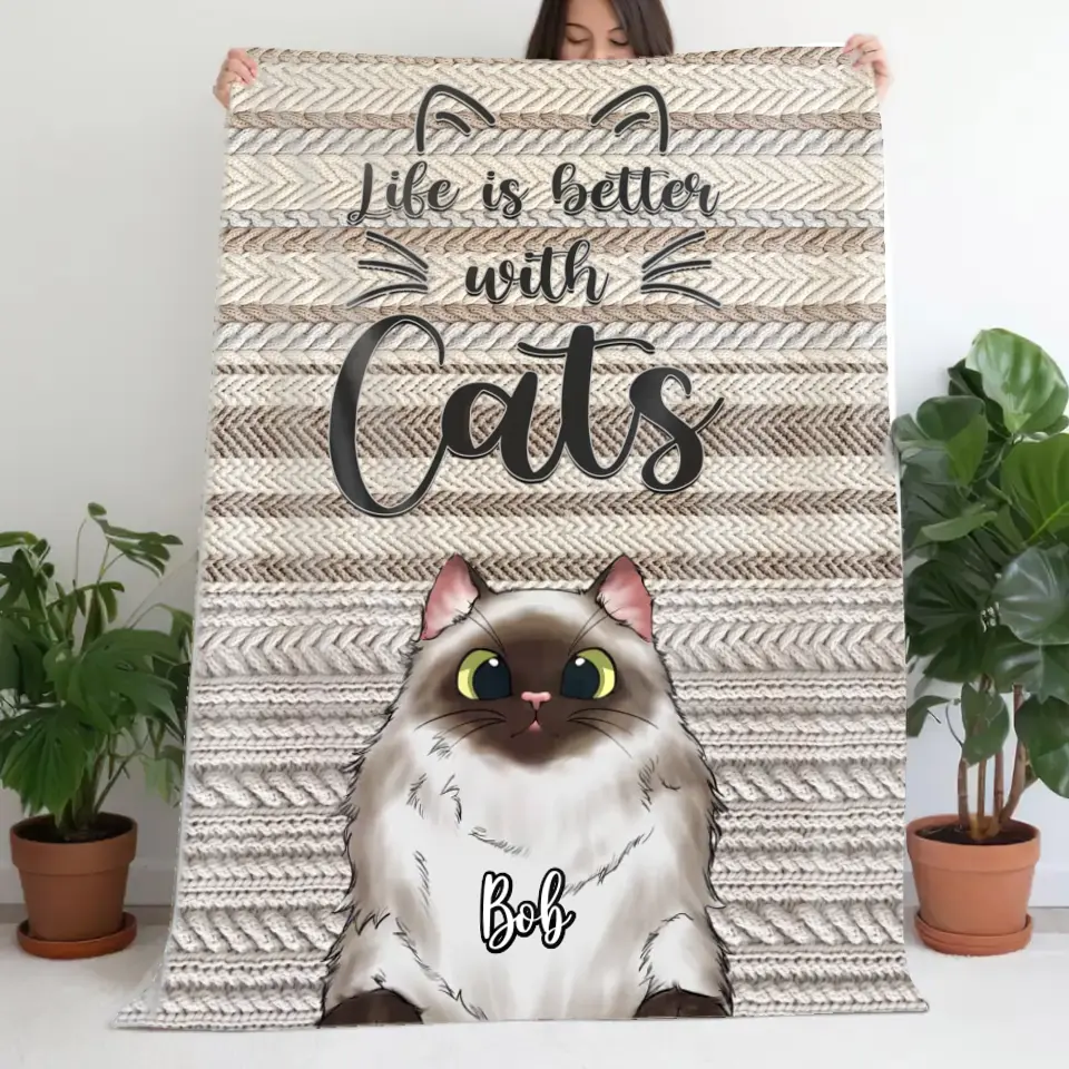 Personalized Life Is Better With Cats Knitting Sherpa or Fleece Blanket Printed VQ231315