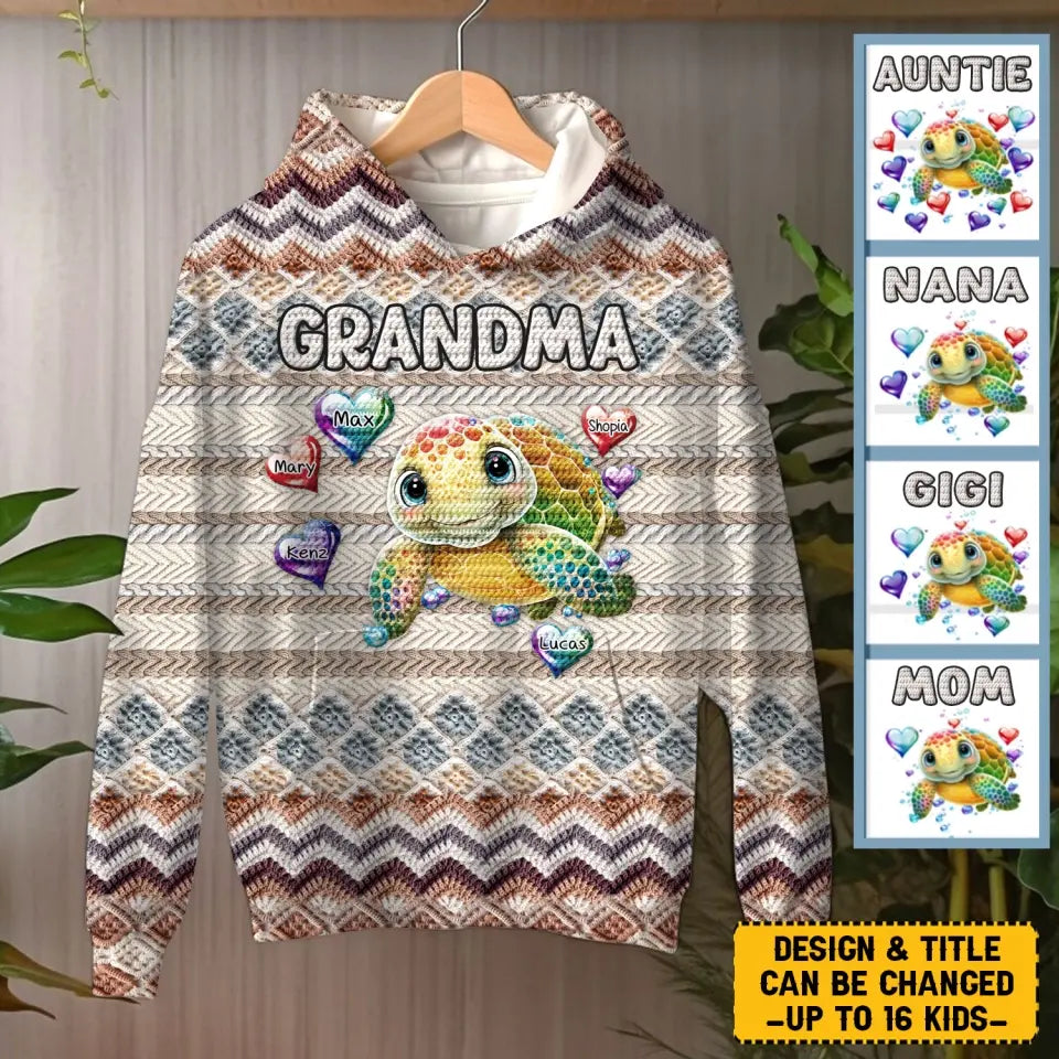 Personalized Grandma Turtle Hearts & Kid Names Knitting Hoodie 3D Printed LVA231346