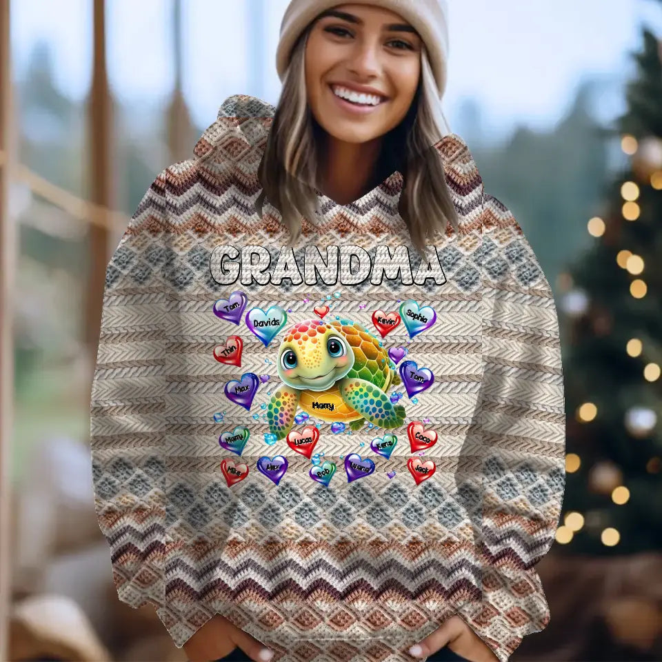 Personalized Grandma Turtle Hearts & Kid Names Knitting Hoodie 3D Printed LVA231346