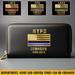 Personalized US Blue Thin Line Flag Custom Department & Name Leather Wallet KVH231384