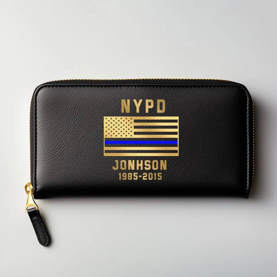 Personalized US Blue Thin Line Flag Custom Department & Name Leather Wallet KVH231384