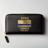 Personalized US Blue Thin Line Flag Custom Department & Name Leather Wallet KVH231384