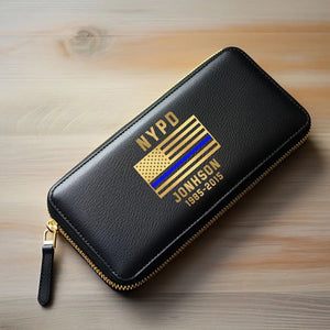 Personalized US Blue Thin Line Flag Custom Department & Name Leather Wallet KVH231384