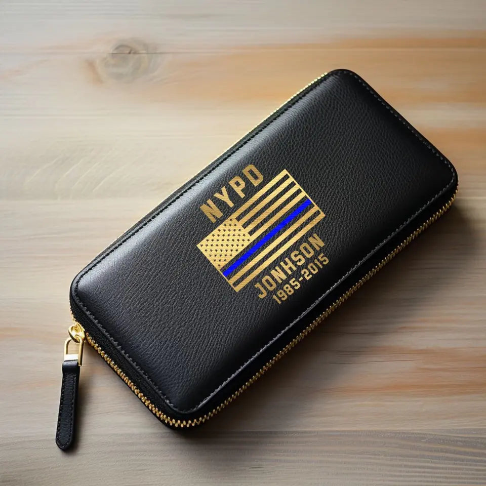 Personalized US Blue Thin Line Flag Custom Department & Name Leather Wallet KVH231384