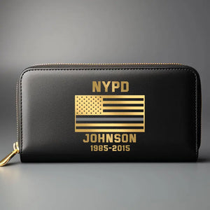 Personalized US Blue Thin Line Flag Custom Department & Name Leather Wallet KVH231384