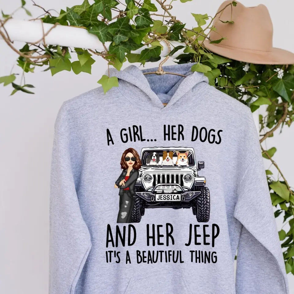 Personalized A Girl Her Dogs And Her Jeep Hoodie 2D Printed KVH231415