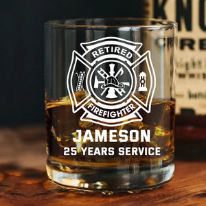 Personalized US Retired Firefighter Custom Name & Service Time Whiskey Glass Printed QTKVH231463