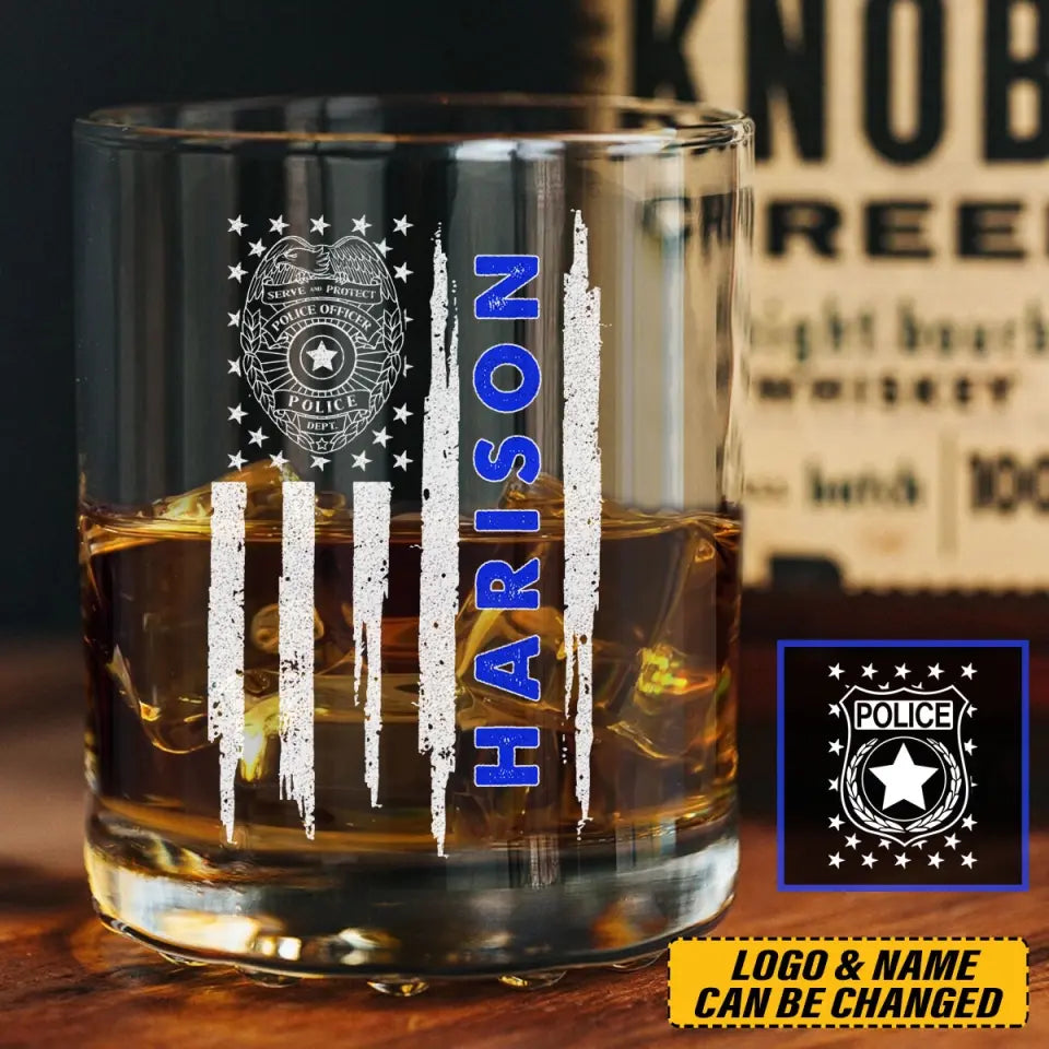 Personalized US Law Enforcement Thin Blue Line Whiskey Glass Printed 231484AHVA