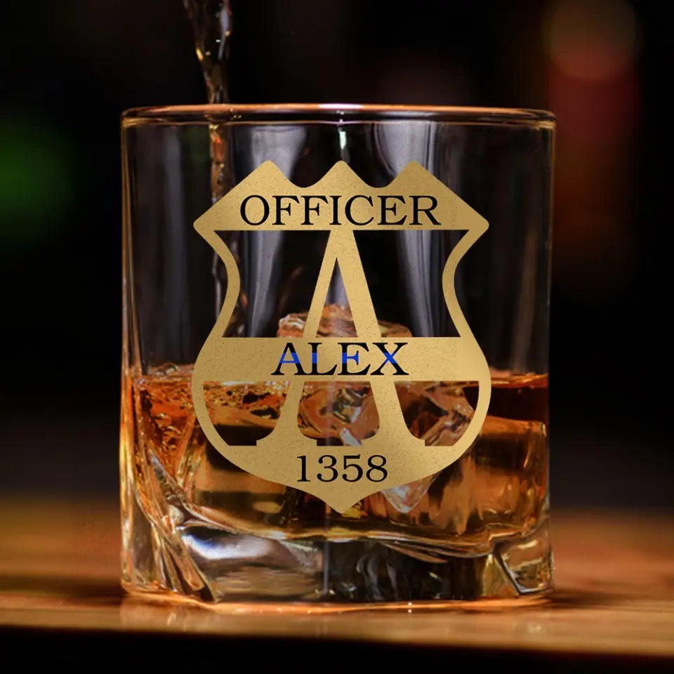 Personalized Blue Thin Line Police Officer Custom Name Whiskey Glass Printed QTHN231504