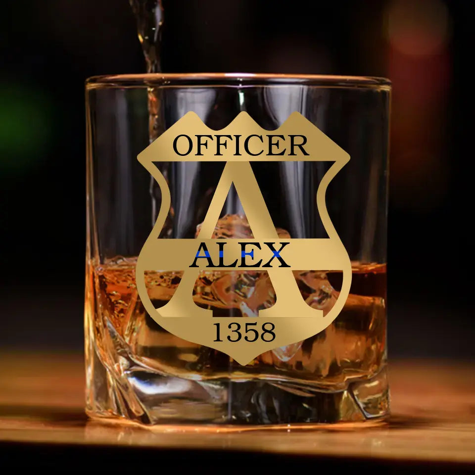Personalized Blue Thin Line Police Officer Custom Name Whiskey Glass Printed QTHN231504