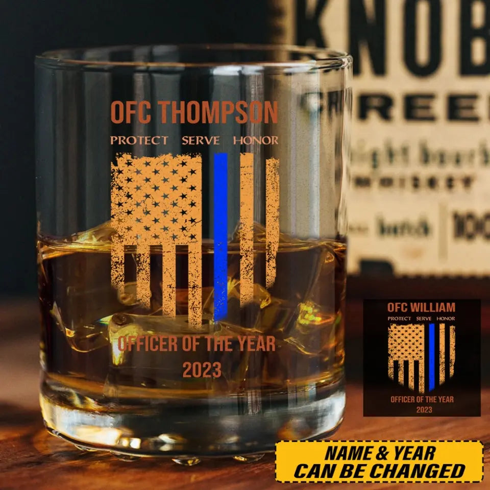 Personalized Thin Blue Line Police Officer Custom Name Whiskey Glass Printed QTHN1515