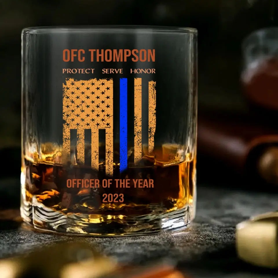 Personalized Thin Blue Line Police Officer Custom Name Whiskey Glass Printed QTHN1515