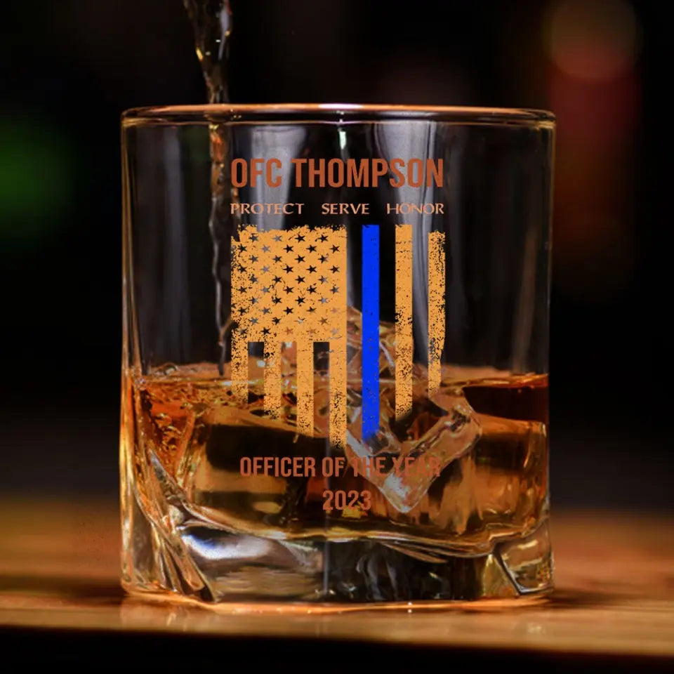 Personalized Thin Blue Line Police Officer Custom Name Whiskey Glass Printed QTHN1515