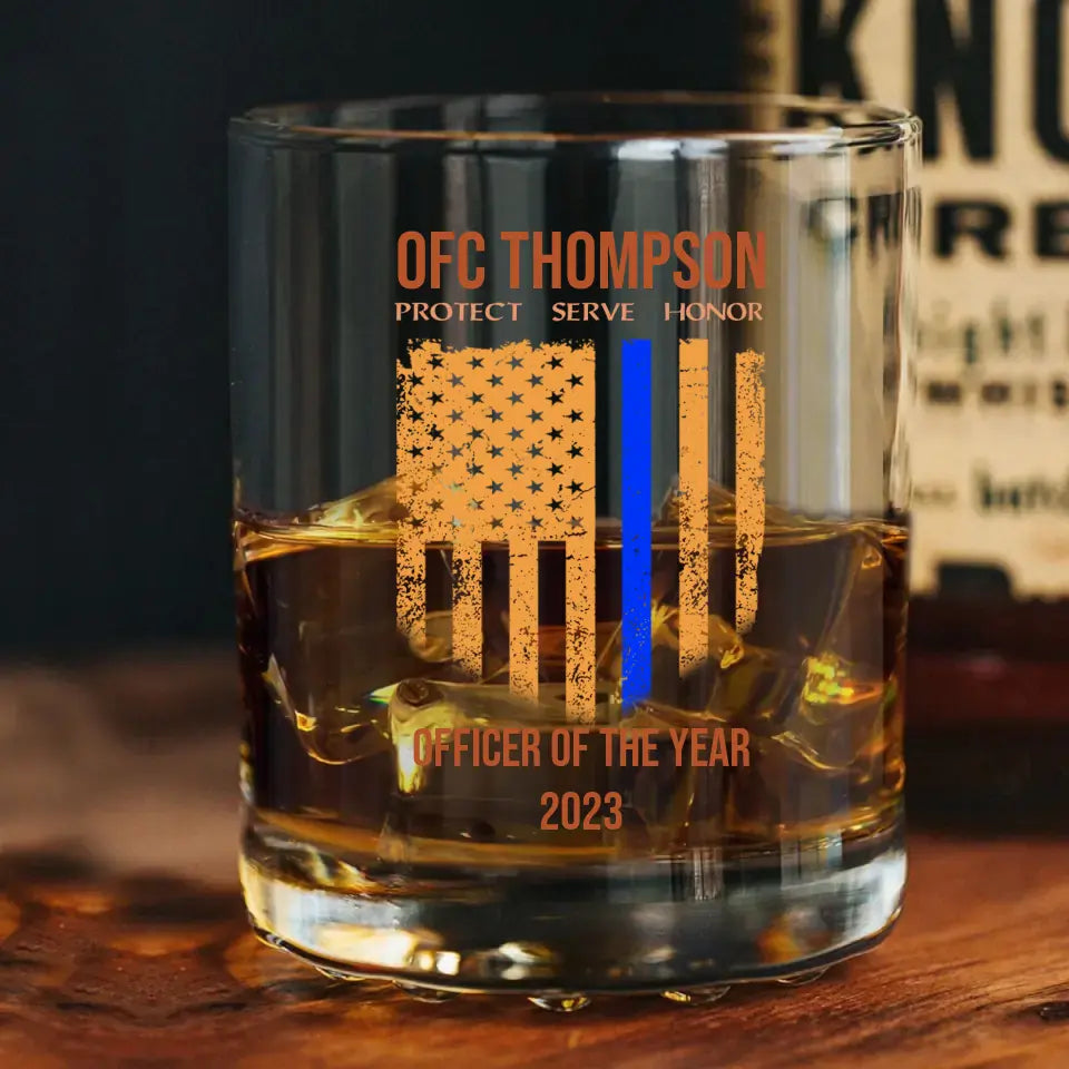 Personalized Thin Blue Line Police Officer Custom Name Whiskey Glass Printed QTHN1515