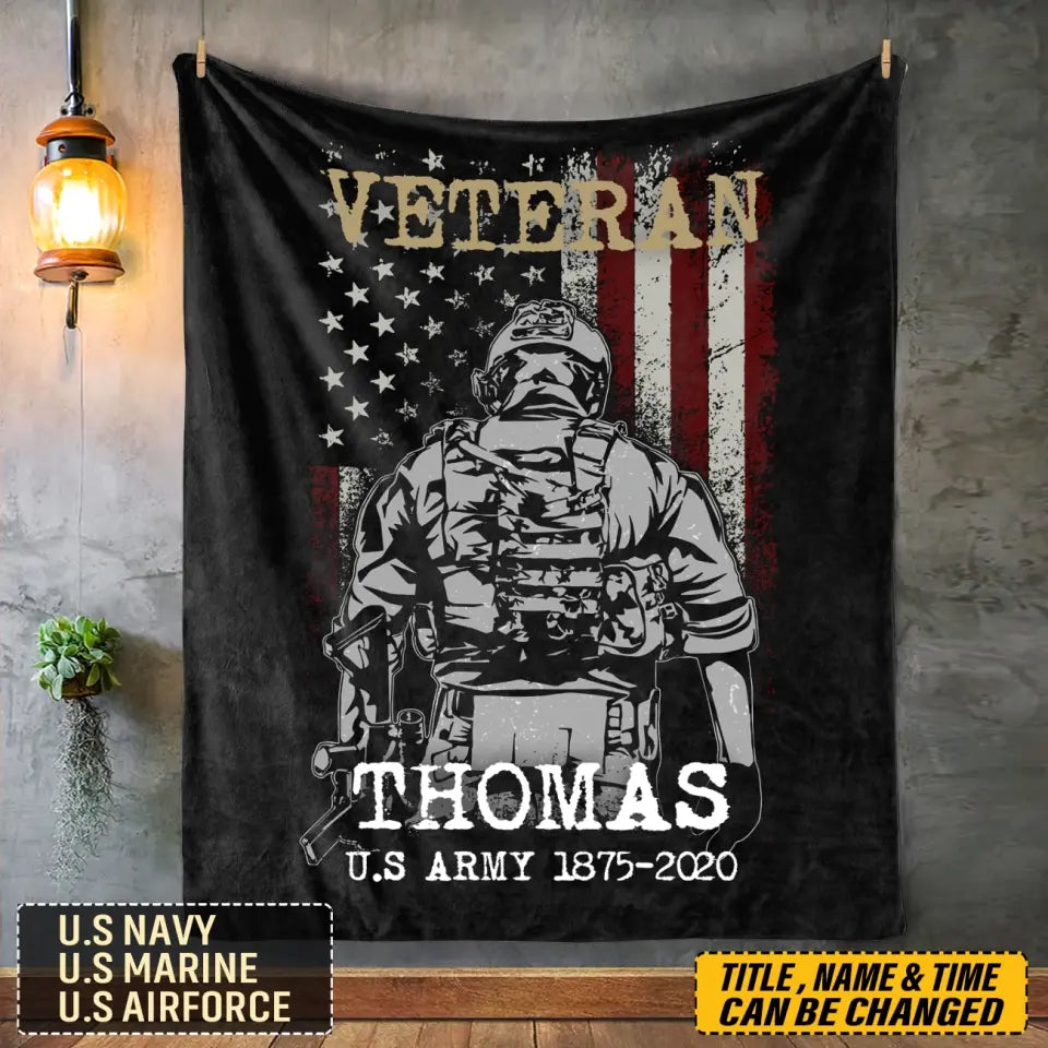 Personalized US Army Veteran Custom Name & Time Sherpa or Fleece Blanket Printed LVA231532