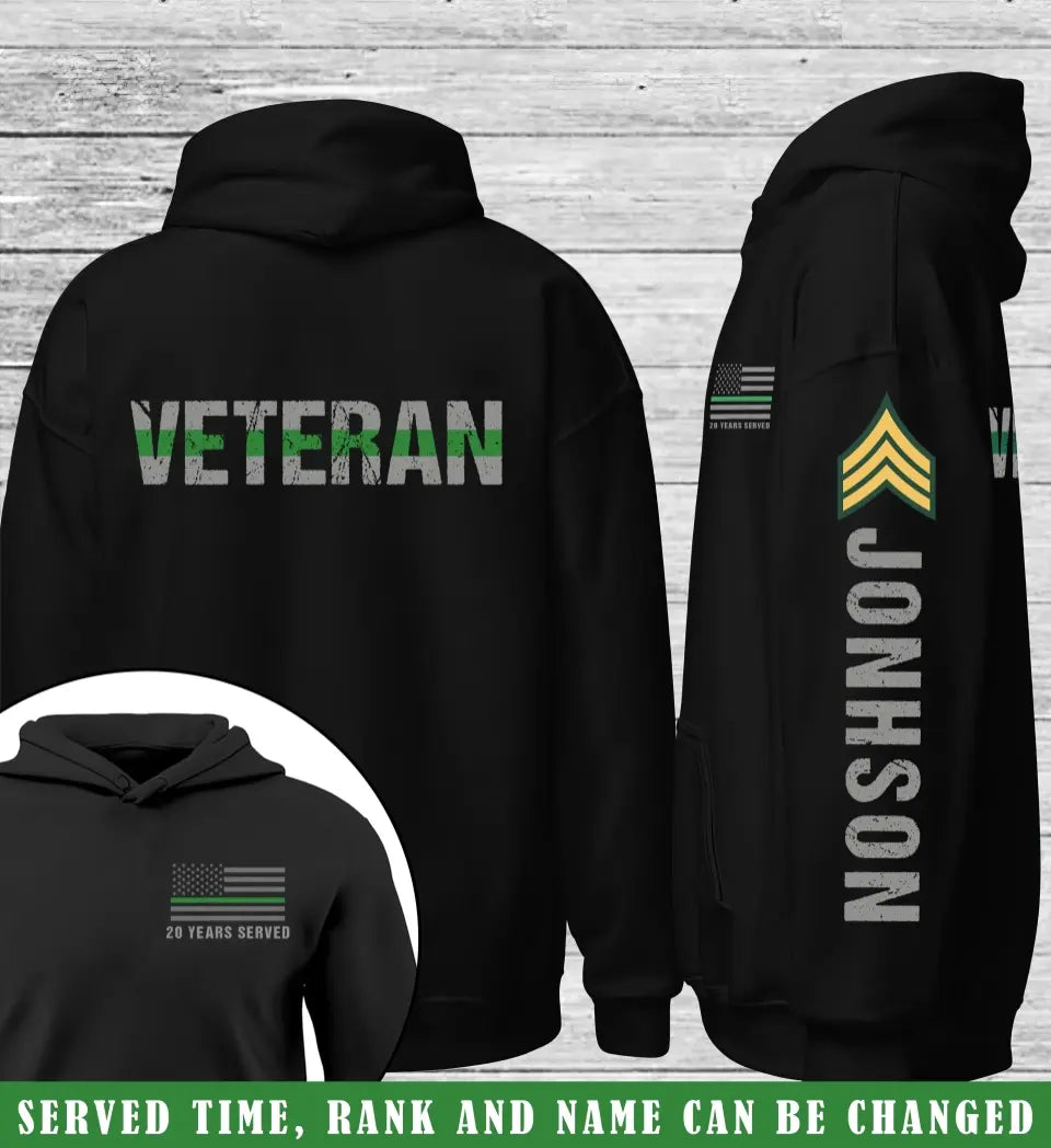 Personalized Thin Green Line US Veteran Retired Rank Custom Name Hoodie 2D Printed QTKVH231582