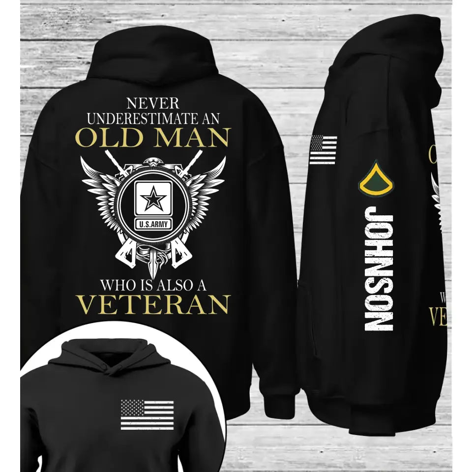 Personalized US Veteran Never Underestimate An Old Man Who IS Also A Veteran Hoodie 2D Printed QTLVA1632