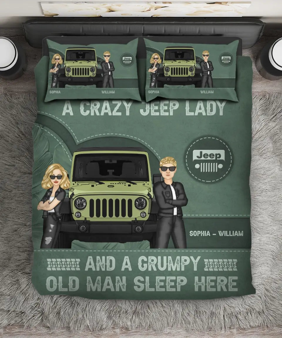 Personalized A Crazy Jeep Lady And A Grumpy Old Man Sleep Here Couple Jeep Bedding Set Printed HN231690