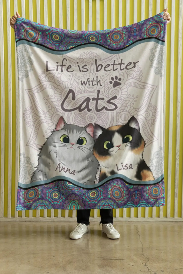 Personalized Life Is Better With Cats Cat Lovers Gift Sherpa or Fleece Blanket Printed HN2410