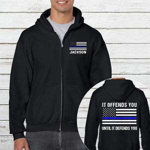 Personalized Thin Blue Line US Officer Zip Hoodie 2D Printed QTKH2447