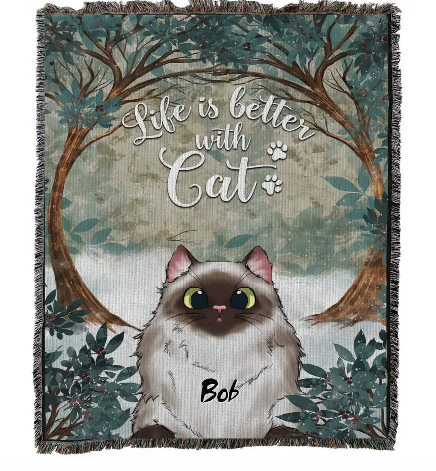 Personalized Life Is Better With Cat Woven Blanket Printed LVA2481