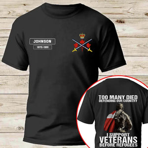 Personalized  Too Many Died Defending Our Country I Support Veterans Before Refugees Canadian Veteran T-shirt LAHVQ2484