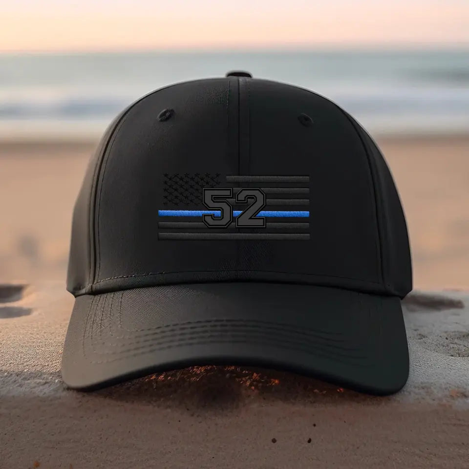 Personalized US Police Blueline Embroided Black Cap Printed VQ24115