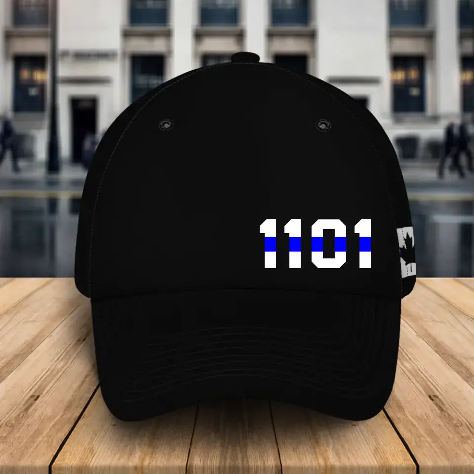 Personalized US Police Thin Blue Line Black Cap Printed KVH24154
