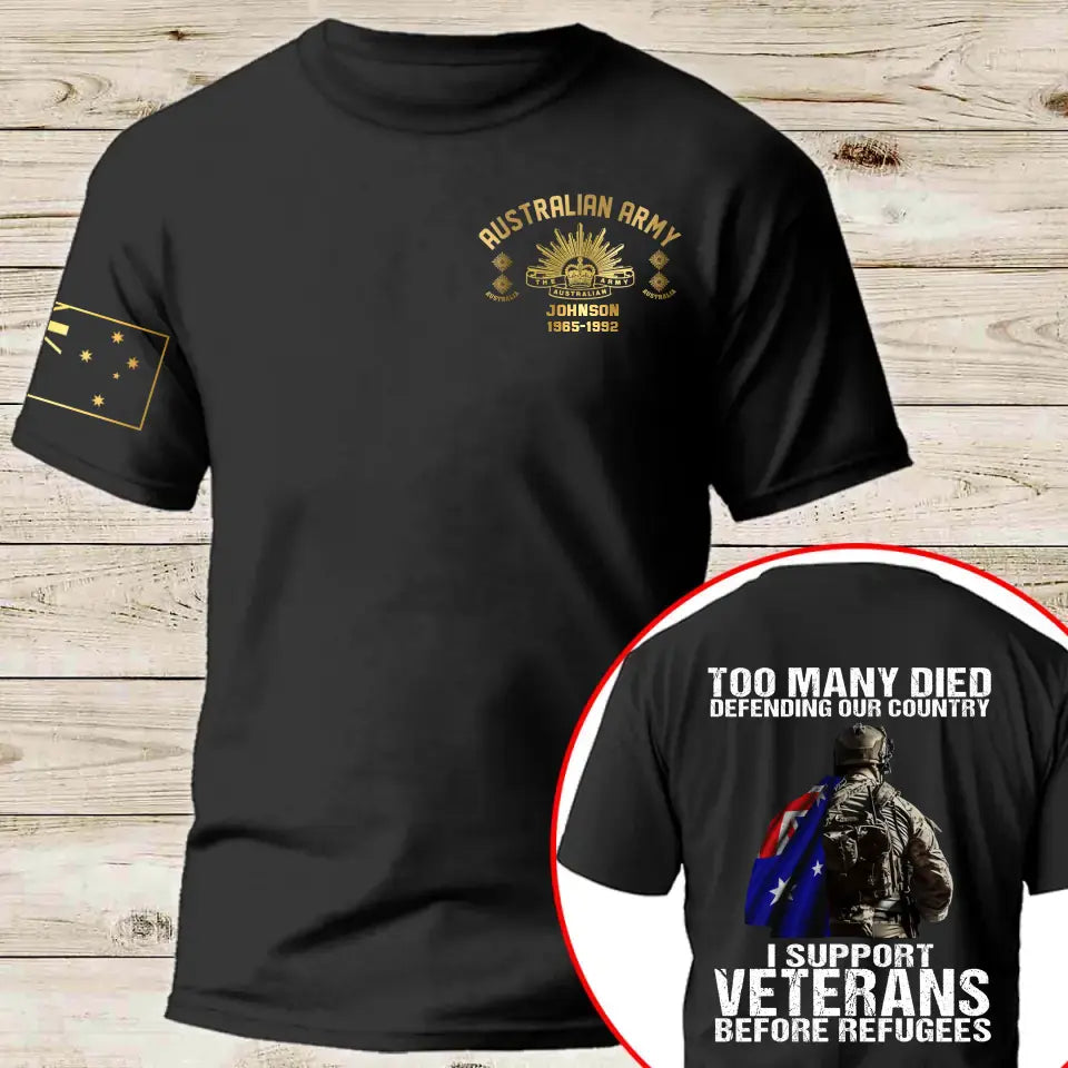 Personalized Too Many Died Defending Our Country I Support Veterans Before Refugees Australian Veteran Rank Camo T-shirt Printed AHKH24169