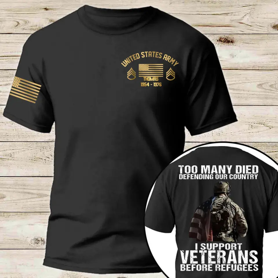 Personalized Too Many Died Defending Our Country I Support Veterans Before Refugees US Veteran Rank Camo T-shirt Printed AHKH24169