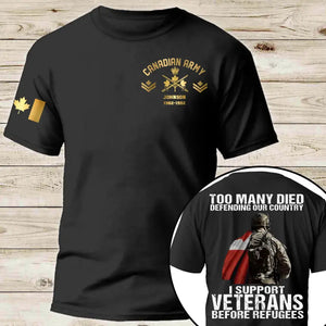 Personalized Too Many Died Defending Our Country I Support Veterans Before Refugees Canadian Veteran Rank Camo T-shirt Printed AHKH24169