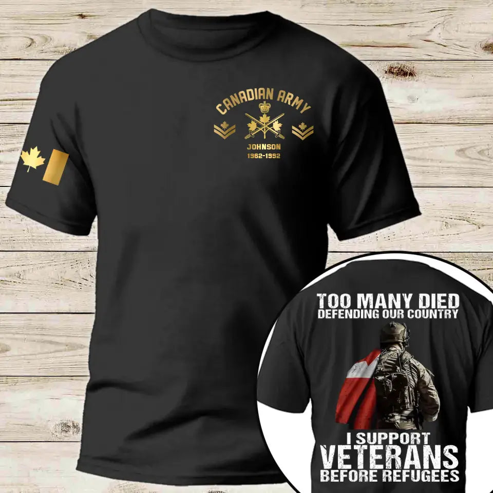 Personalized Too Many Died Defending Our Country I Support Veterans Before Refugees Canadian Veteran Rank Camo T-shirt Printed AHKH24169