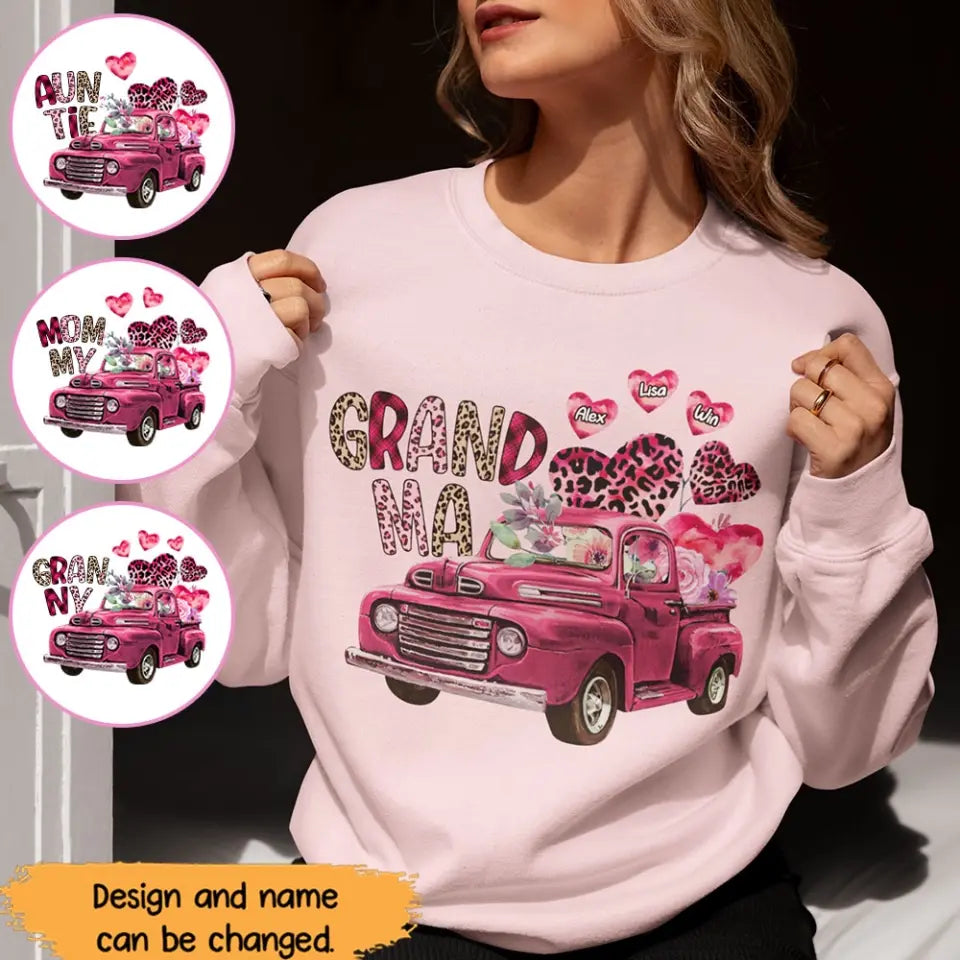 Personalized Grandma Heart Pink Car & Kid's Name Valentine's Day Gift Sweatshirt or Hoodie Printed HN24171