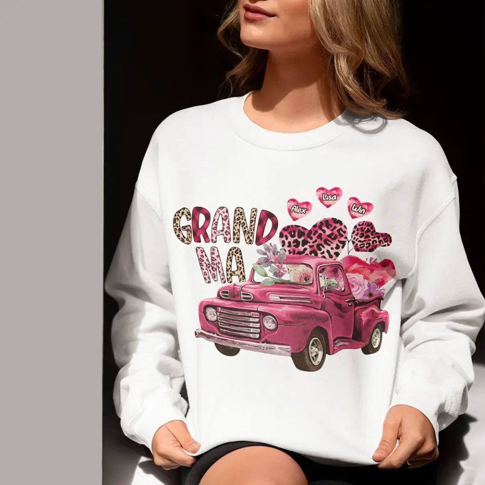 Personalized Grandma Heart Pink Car & Kid's Name Valentine's Day Gift Sweatshirt or Hoodie Printed HN24171