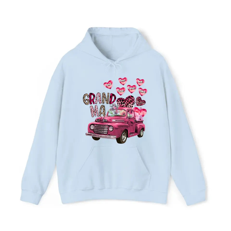 Personalized Grandma Heart Pink Car & Kid's Name Valentine's Day Gift Sweatshirt or Hoodie Printed HN24171