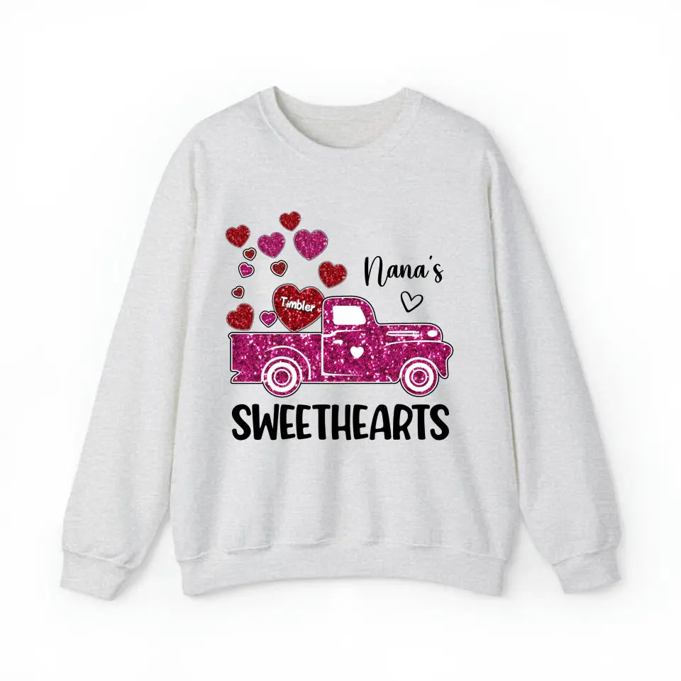 Personalized Nana's Sweethearts Hearts Pink Car Kid Name Valentine's Day Gift Sweatshirt or Hoodie 2D Printed QTHN24167