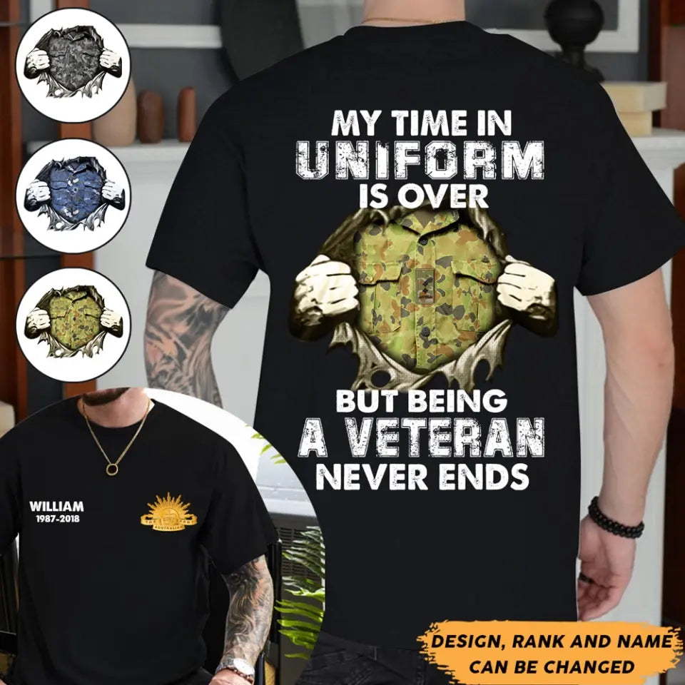 Personalized My Time In Unirorm Is over But Being A Veteran Never Ends Australian Veteran T-shirt Printed AHHN24187
