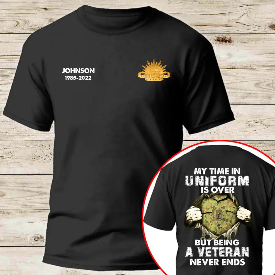 Personalized My Time In Unirorm Is over But Being A Veteran Never Ends Australian Veteran T-shirt Printed AHHN24187