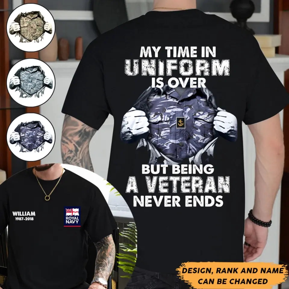 Personalized My Time In Unirorm Is over But Being A Veteran Never Ends UK Veteran T-shirt Printed AHHN24187