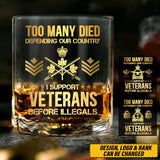 Personalized Too Many Died Defending Our Country I Support Veterans Before Illegals Canadian Veteran Rank Camo ID Whiskey Glass Printed AHVQ24197