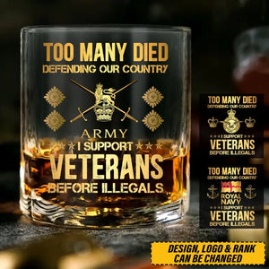 Personalized Too Many Died Defending Our Country I Support Veterans Before Illegals UK Veteran Rank Camo ID Whiskey Glass Printed AHVQ24197